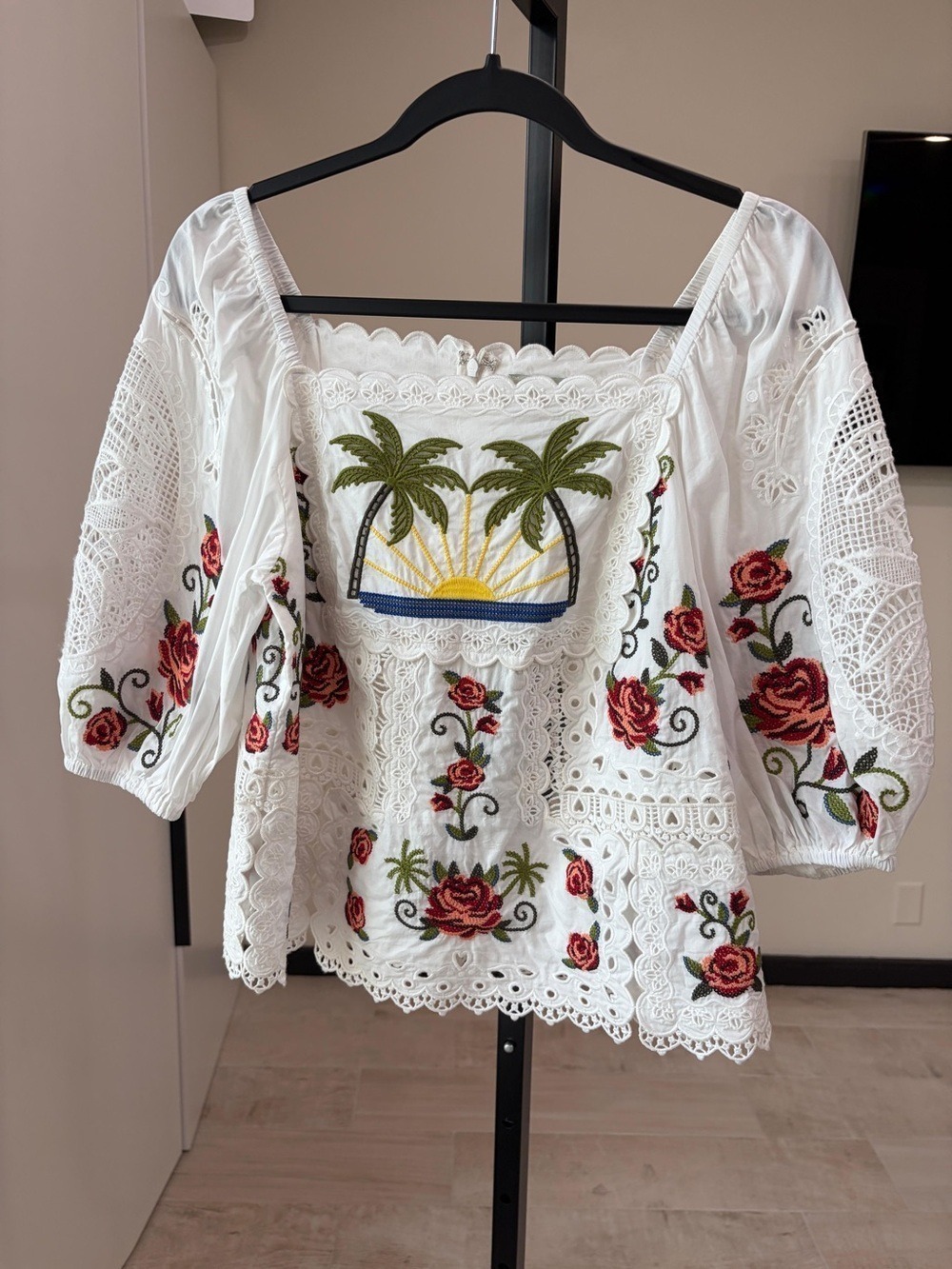 Farm Rio Off-White Tropi Scarf Embroidered Blouse - Picture 6 of 9